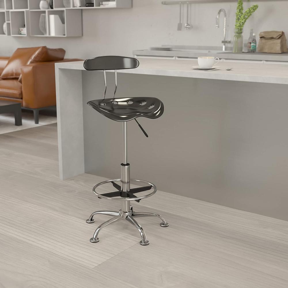 Flash Furniture Arbeitshocker mit Rückenlehne – Ergonomischer Schreibtischstuhl höhenverstellbar mit Fußring aus Metall – Bürostuhl mit Traktorsitz für Home Office – Schwarz Bild 1