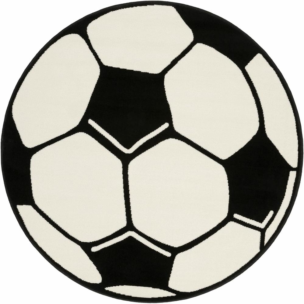 Kurzflor Kinderteppich Fußball, rund - weiß schwarz - 200x200x0,8cm Bild 1