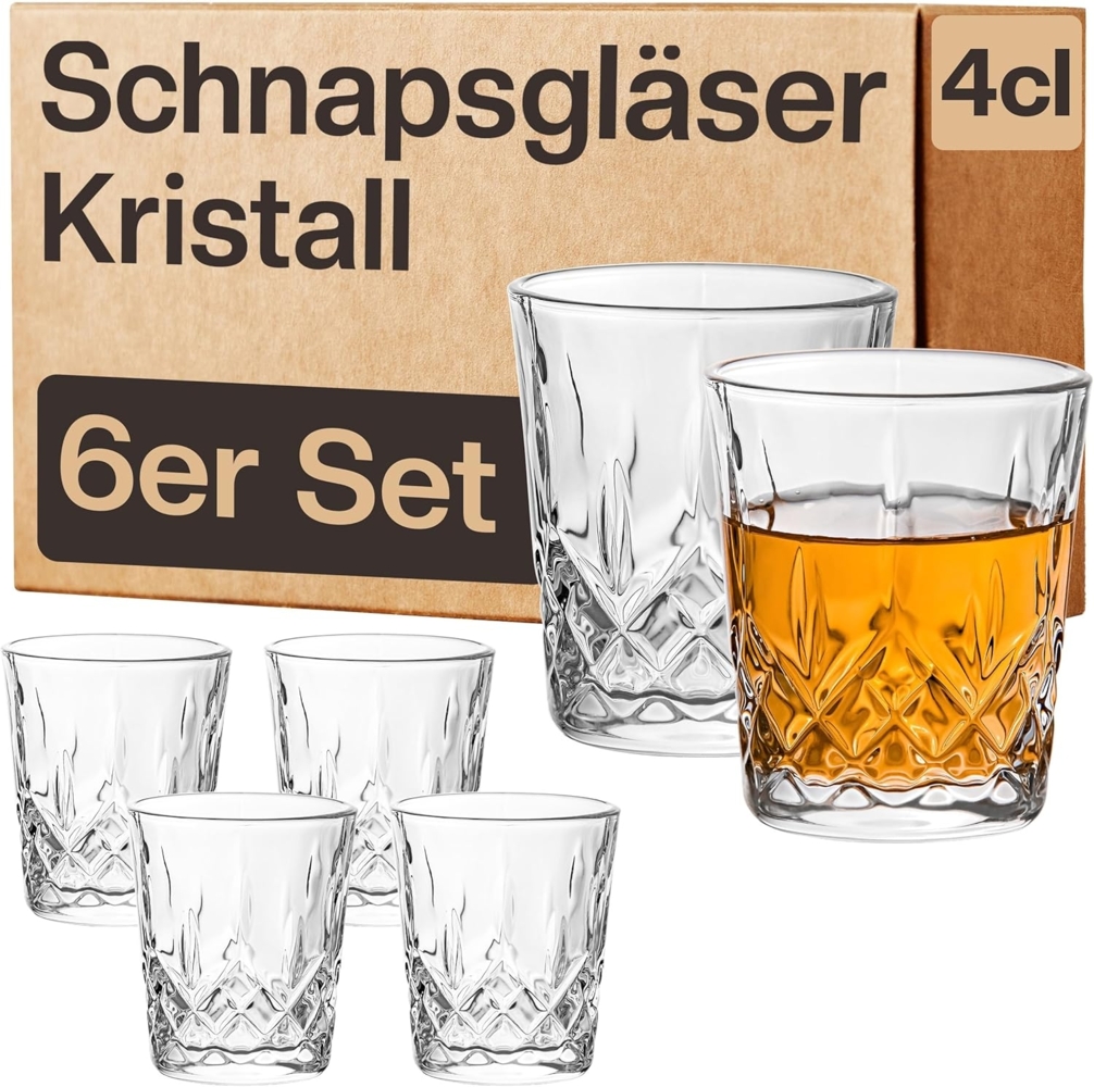 Praknu Schnapsglas 6 Schnapsgläser Kristall 4cl Whiskygläser Set, Kristallglas, Spülmaschinenfest - Standfest dank dickem Boden - Vintage Design Bild 1