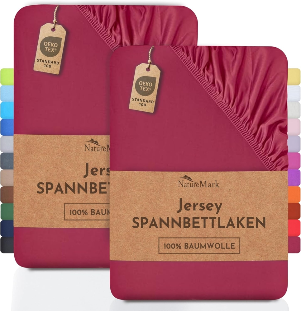 NatureMark 2er Pack Kinder JERSEY Spannbettlaken, Spannbetttuch 100% Baumwolle in vielen Größen und Farben MARKENQUALITÄT ÖKOTEX STANDARD 100 | 70x140 cm - bordeaux rot Bild 1