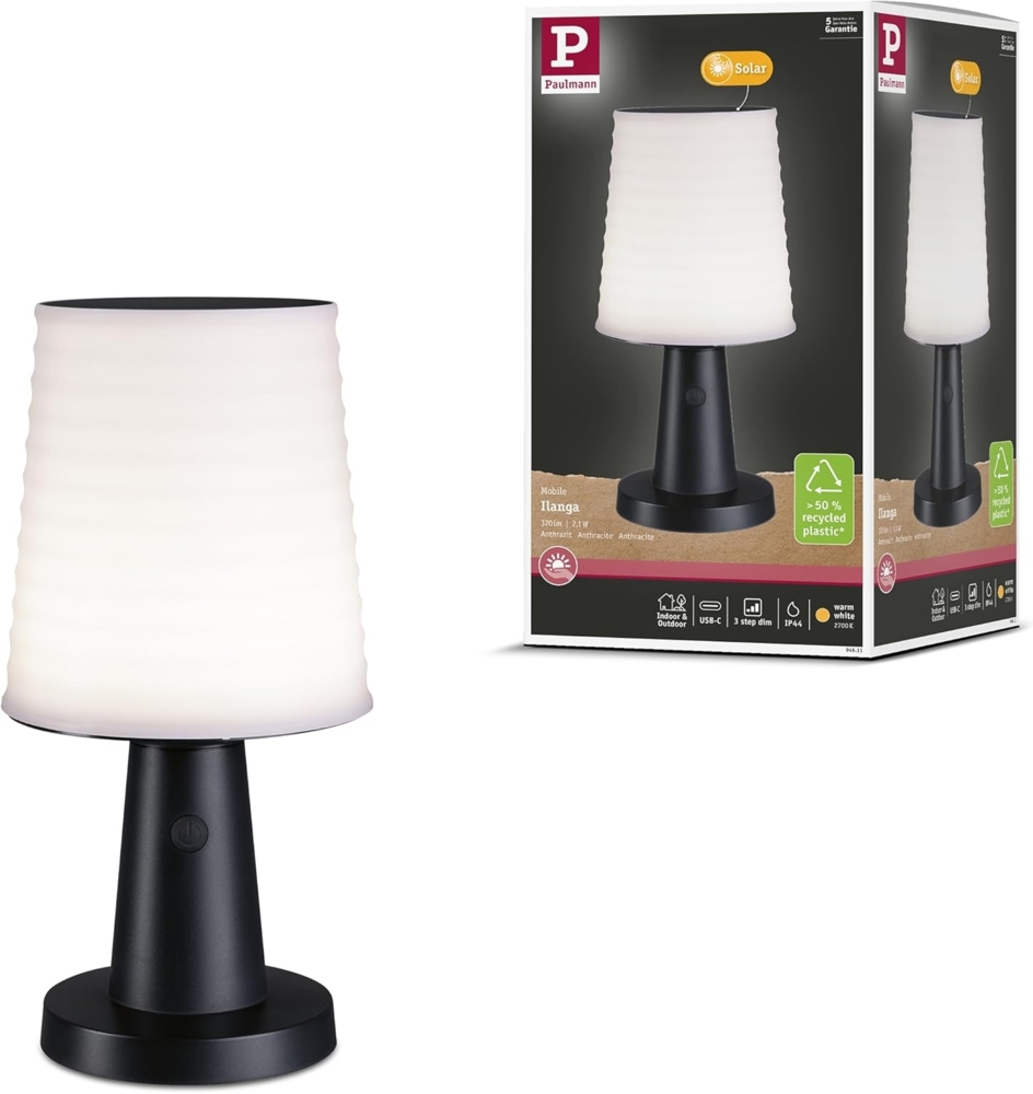 Paulmann 94611 LED Akku Tischleuchte Ilanga Solar 2700K IP44 dimmbar Anthrazit Bild 1
