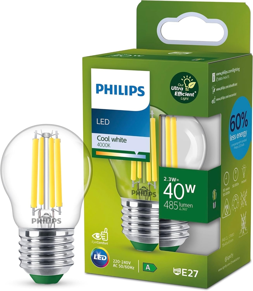Philips LED Classic ultraeffiziente E27 Lampe, mit Energieeffizienzklasse A in Tropfen-Form, ersetzt 40W, klar, neutralweiß Bild 1