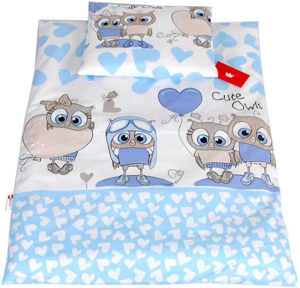 BABYLUX 2 tlg. Set Bezug für Kinderwagen Stubenwagen oder Wiege Garnitur Bettwäsche Kissen Decke 60 x 78 cm (102. Eule Blau) Bild 1