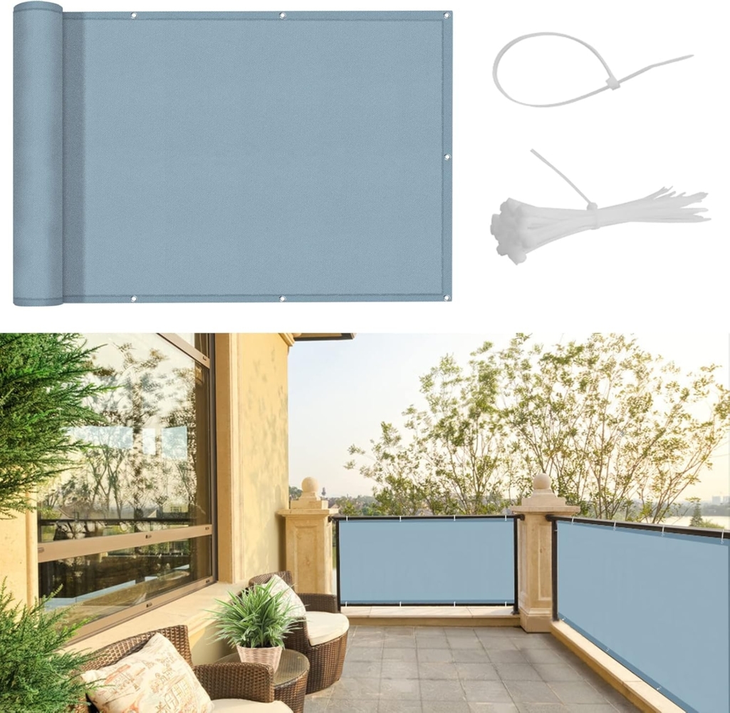 SUNNY GUARD Balkon Sichtschutz 90x600 cm Balkonverkleidung Balkonabdeckung Balkonumspannungen,UV-Schutz,Wind und wasserdicht,Geeignet für Balkon,Garten,Terrasse,mit Kabelbinder,Graublau Bild 1