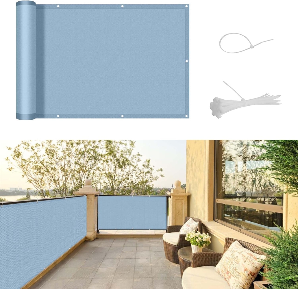 SUNNY GUARD Balkon Sichtschutz 90x600 cm Balkonverkleidung Balkonabdeckung Balkonumspannungen,UV-Schutz,Wind und wasserdicht,Geeignet für Balkon,Garten,Terrasse,mit Kabelbinder,Graublau Bild 1