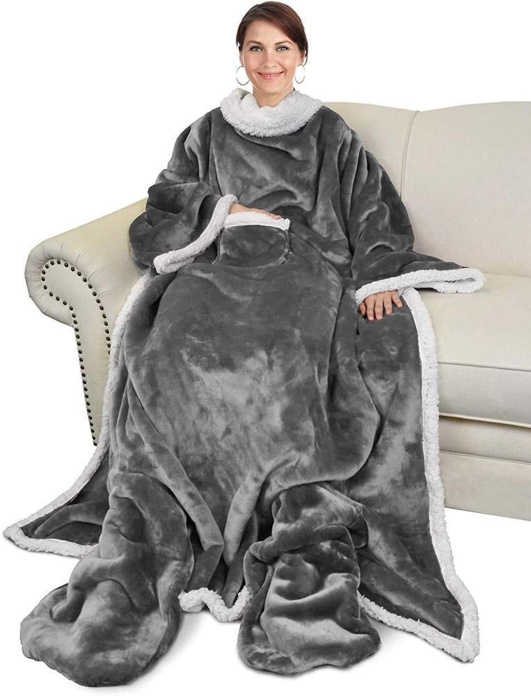 Catalonia TV Decke Kuscheldecke Ganzkörperdecke mit Ärmeln und Füßen, Geschenk Decke zum Anziehen Winter Fleece Sherpa Warme Decken für Erwachsene Frauen Männer 190 x 135 cm, Grau Bild 1