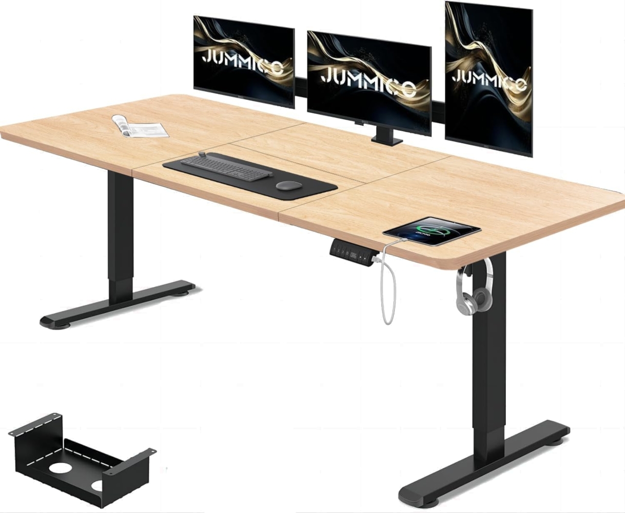 JUMMICO Höhenverstellbarer Schreibtisch 160x80 cm mit Kabelwanne, Höhenverstellbar Elektrisch Stehpult mit USB-Buchse, Computertisch, Ergonomischer Steh-Sitz Tisch, Bürotisch, Beige Bild 1