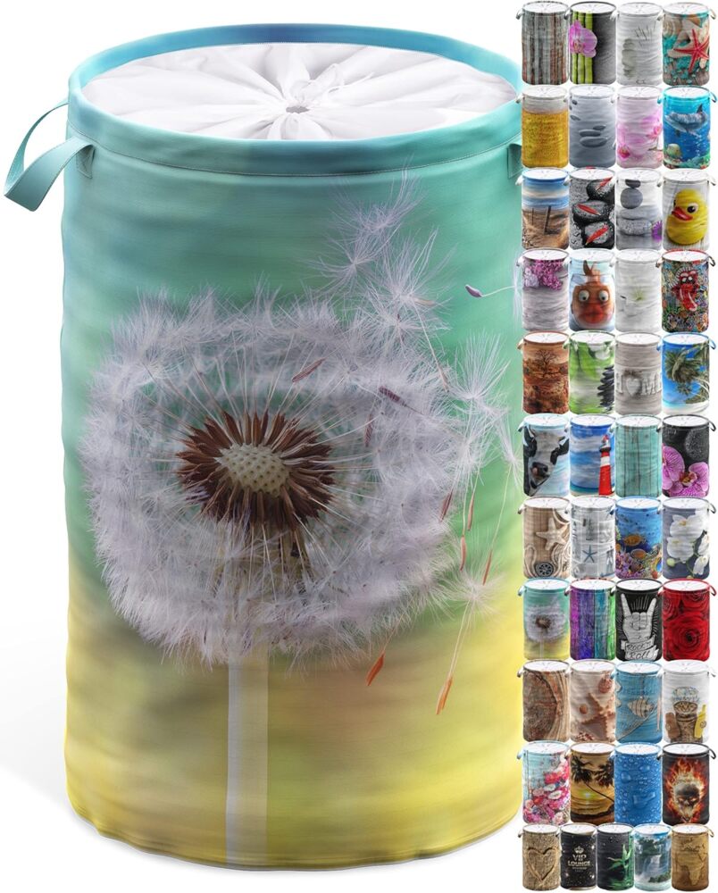 Sanilo Wäschekorb, 60 L, faltbar, mit Griffen & Abdeckung, 100% Polyester, Aufbewahrungskorb, HxØ 55x37 cm, Pusteblume Bild 1