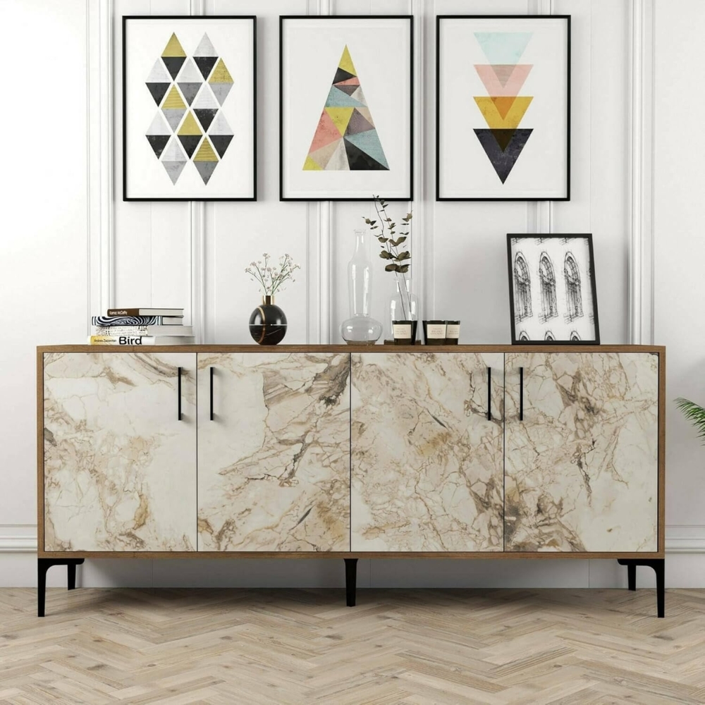 Dmora - Kommode Orionis, Wohnzimmerbuffet, Wohnzimmer-Sideboard, Moderne Küchen-Speisekammer, 180x35h78 cm, Nussbaum und Weißer Marmor Bild 1