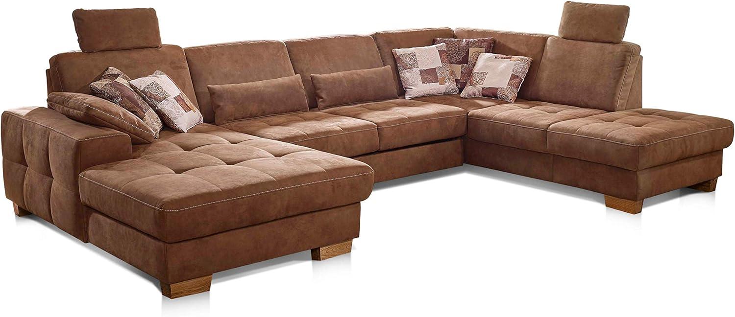 Cavadore Wohnlandschaft Puccino mit Federkern, Bettfunktion, Sitztiefenverstellung und 2 Kopfstützen / Sofa in U-Form im Landhausstil / 340 x 86 x 224 cm / Mikrofaser hellbraun Bild 1