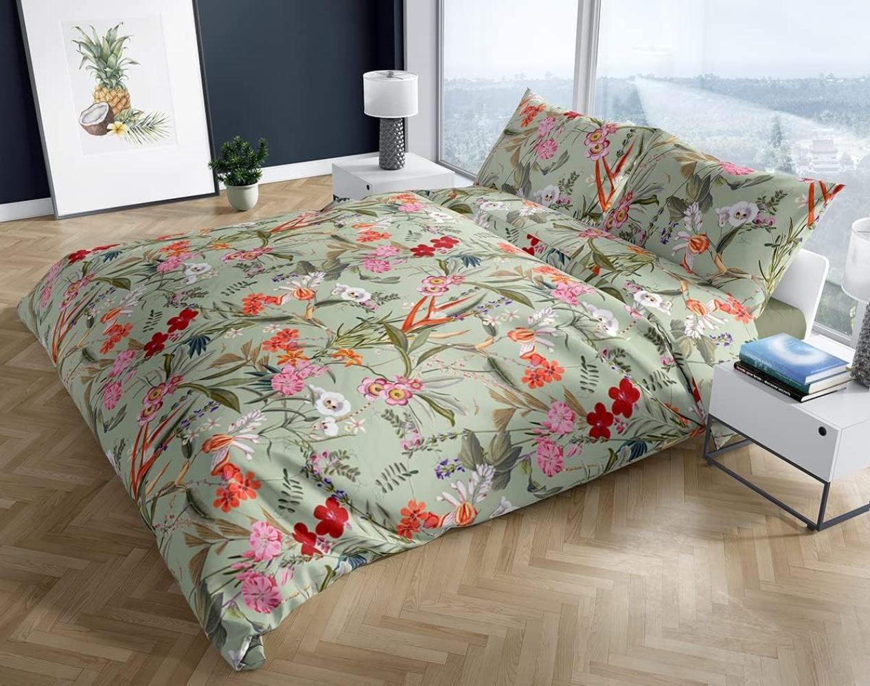 Mako Satin Bettwäsche Tropical Flowers mint 200x220 + 2x 80x80 Bild 1