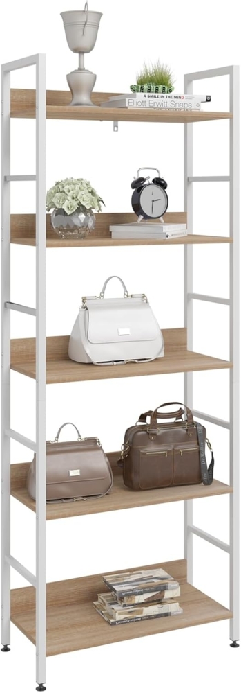 WOLTU Standregal Hochregal Bücherregal Metallregal Schuhregal Badregal Blumentreppe aus Holz und Stahl, mit 5 Ablagen, ca. 60 x 27,5 x 160 cm, Weiß + Hell Eiche RGB9303hei Bild 1