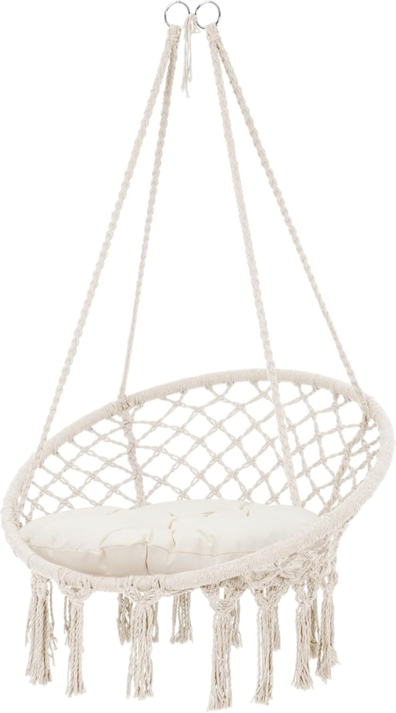 ECD Germany Hängesessel Hängestuhl Hängeschaukel Gartensessel Hängesitz für Innen & Außen, Schwebesessel Beige mit Sitzkissen Belastbar bis 120 kg Baumwolle Bild 1