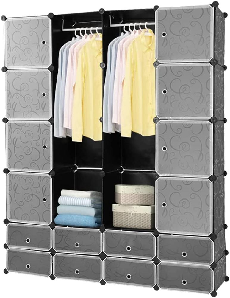 EINFEBEN Garderobe Kleiderschrank, 16 Würfel DIY Regalsystem Kleiderschrank Offen Kunststoff Garderobe mit Türen Garderobenschrank Schwarz 180 x 142 x 37CM Bild 1