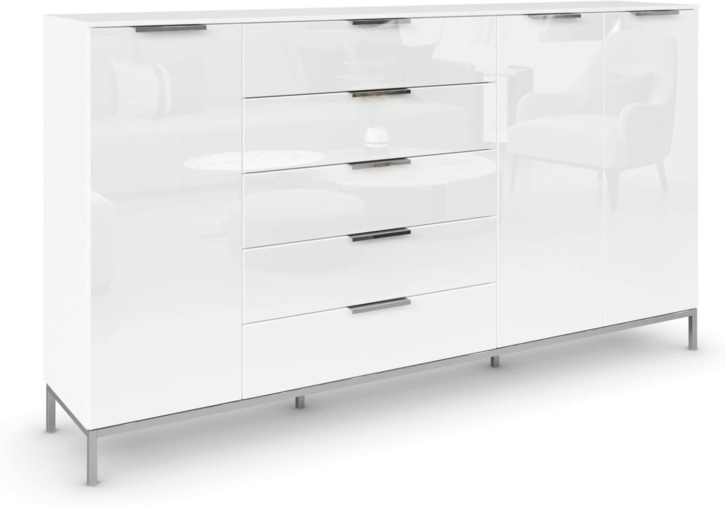 Rauch Möbel Flipp, Kommode mit Stauraum für Wohnzimmer, Schlafzimmer, Flur, 4 Fachböden, mit Metallkufe chrom, Alpinweiß/Glasfront Weiß, 3-türig, Glastüren, 5 Schubkästen, Griffe chrom, 199x111x42cm Bild 1