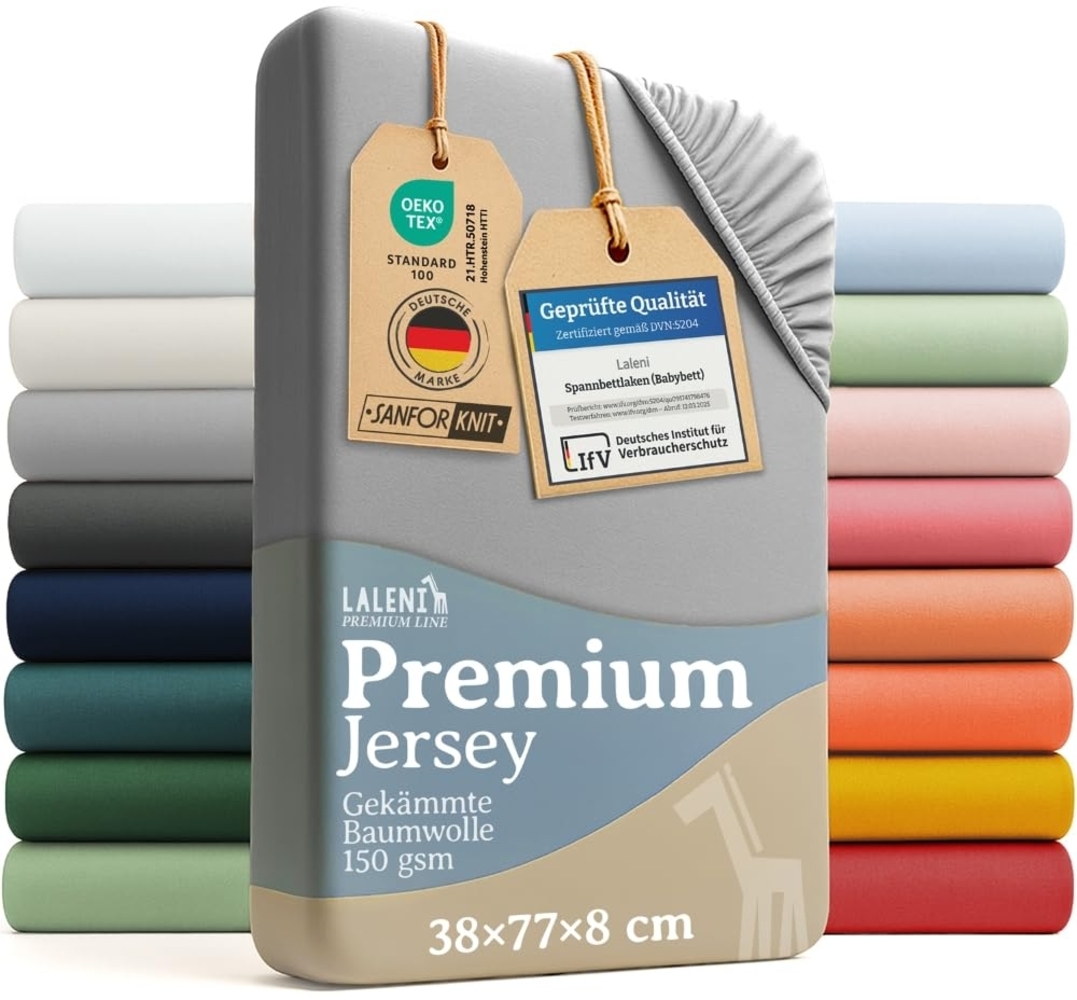 Laleni 2er-Set Premium Spannbettlaken Stubenwagen oval 38x77 cm - Oeko-Tex Zertifiziert, 100% Baumwolle, atmungsaktives Spannbetttuch Jersey Baby, 150 g/m², Moonlight Grey - Grau Bild 1