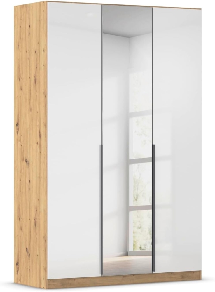 Rauch Möbel Alabama, Kleiderschrank, 3-türig, Spiegel, Zubehör Premium, 2 Kleiderstangen, 5 Einlegeböden, Schubladeneinsatz, Farbe Hochglanz Weiß/Eiche Artisan, Griff Grau metallic, 136 x 210 x 54 cm Bild 1