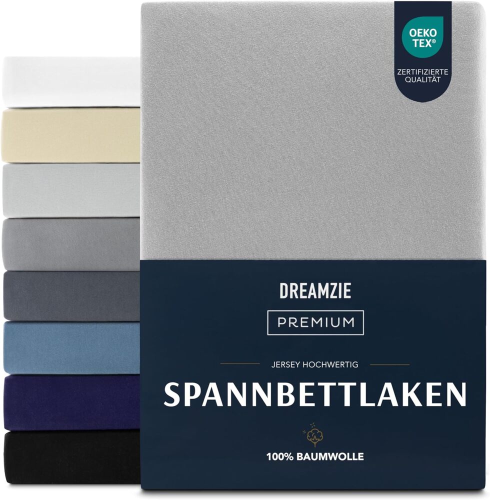 Dreamzie Premium Spannbettlaken 200x200 cm, Spannbetttuch für Dicke Matratzen bis zu 27 cm, Bettlaken 100% Jersey Baumwolle, 150 g/m², Oeko-TEX zertifiziert - Grau Bild 1