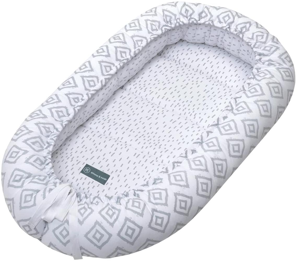 emma & noah Premium Babynest, Babynestchen Neugeborene, Bio-Baumwolle, 90x55cm, Extra Weich Gepolstert, OEKO-TEX - Frei von Schadstoffen, Hochwertige Verarbeitung (Rauten Grau) Bild 1