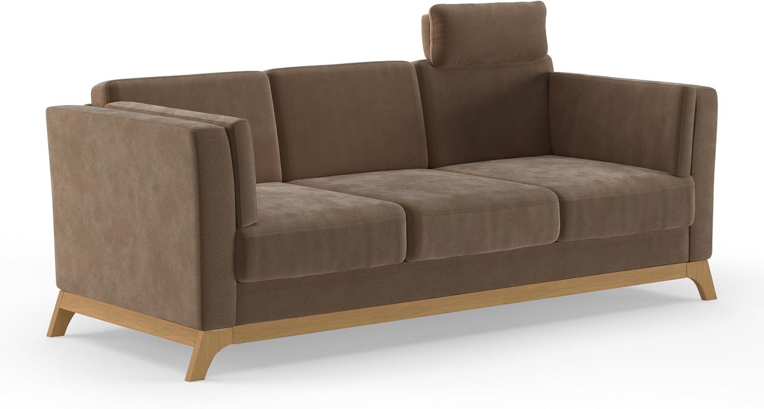 Cavadore 3er-Sofa Vida / 3-Sitzer Couch im trendigen Design mit massivem Holzrahmen in Eiche, Kopfstütze mit Kuschelkissen / 213 x 84 x 93 / Mikrofaser, Hellbraun Bild 1