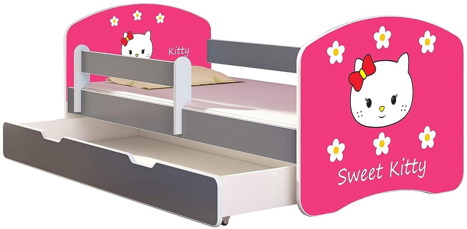 ACMA Kinderbett Jugendbett mit Einer Schublade und Matratze Grau mit Rausfallschutz Lattenrost II (16 Sweet Kitty 2, 180x80 + Bettkasten) Bild 1