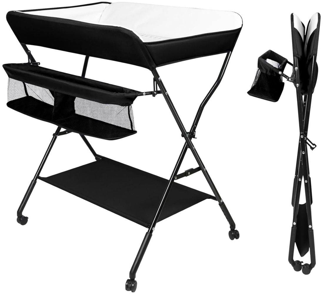 OHMG Baby Wickelkombi Klappbare Wickelkommode,Wickeltisch mit Rollen,Mobiler Wickeltisch mit Wickelauflage,Sicherheitsgurt und Ablagefächern,Wasserdicht und Höhenverstellbar,Stabil Bild 1