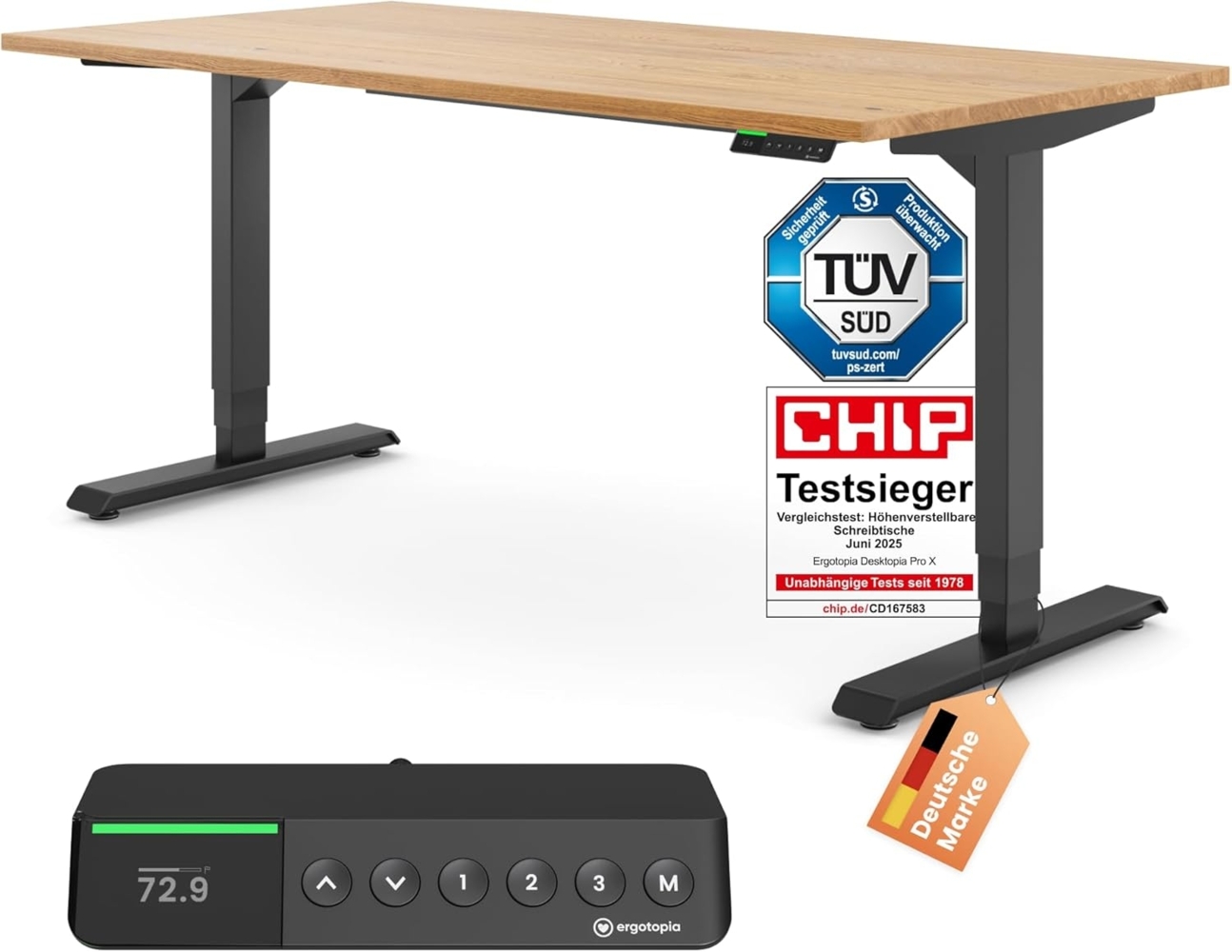 Desktopia Pro X - Elektrisch höhenverstellbarer Schreibtisch / Ergonomischer Tisch mit Memory-Funktion, Eiche Echtholz, Gestell Schwarz, 120x80 cm Bild 1