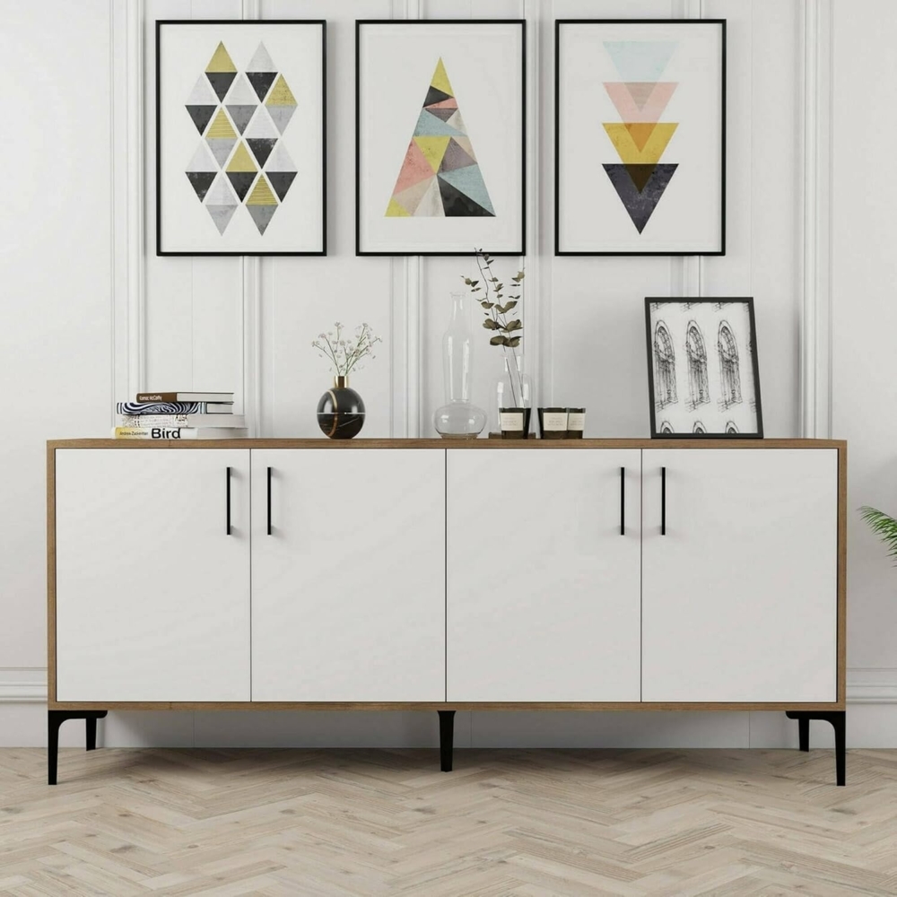 Dmora - Kommode Orionis, Wohnzimmerbuffet, Wohnzimmer-Sideboard, Moderne Küchen-Speisekammer, 180x35h78 cm, Walnuss und Weiß Bild 1