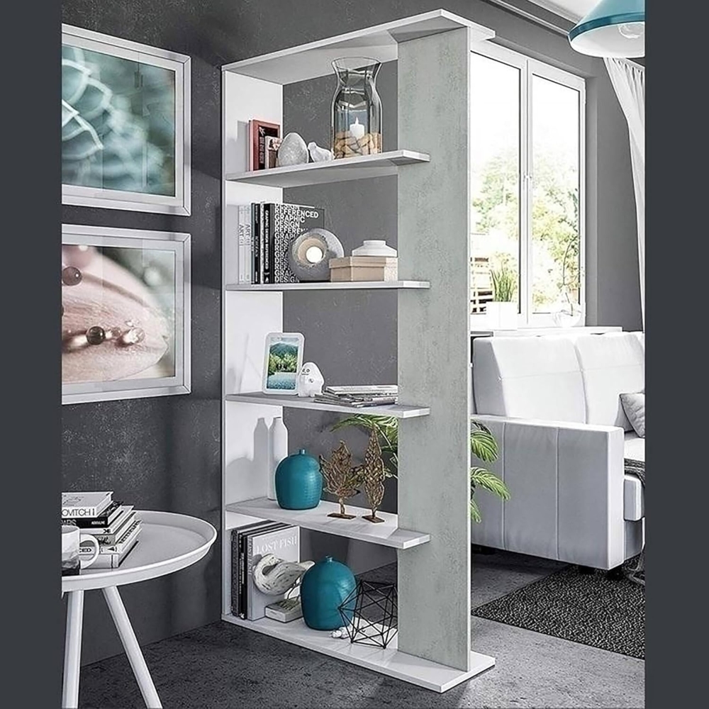 Dmora - Bücherregal Columbia, Doppelseitiges Bücherregal mit 5 Böden, Büro- oder Schlafzimmertrennregal, cm 90x25h180, Weiß und Zement Bild 1