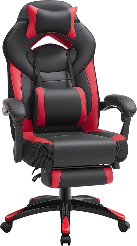 Songmics Gamingstuhl mit Fußstütze, ergonomisches Design, verstellbare Kopfstütze, Lendenstütze, bis zu 150 kg belastbar, Schwarz-Rot Bild 1