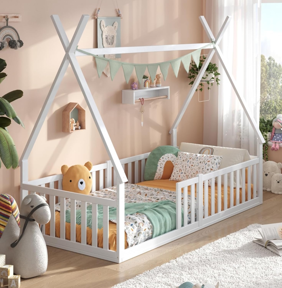 Alavya Home® Hausbett Bodenbett SKY aus Buche – FSC® 100% zertifiziert (Exklusives Beech Wood Bett – Top-Preis!, Hausbett 90x200 cm mit Matratze, Rausfallschutz & Lattenrost Kinderbett 90x200), bodentiefes Jugendbett weiß massiv BUCHE für Junge Mädchen Bild 1