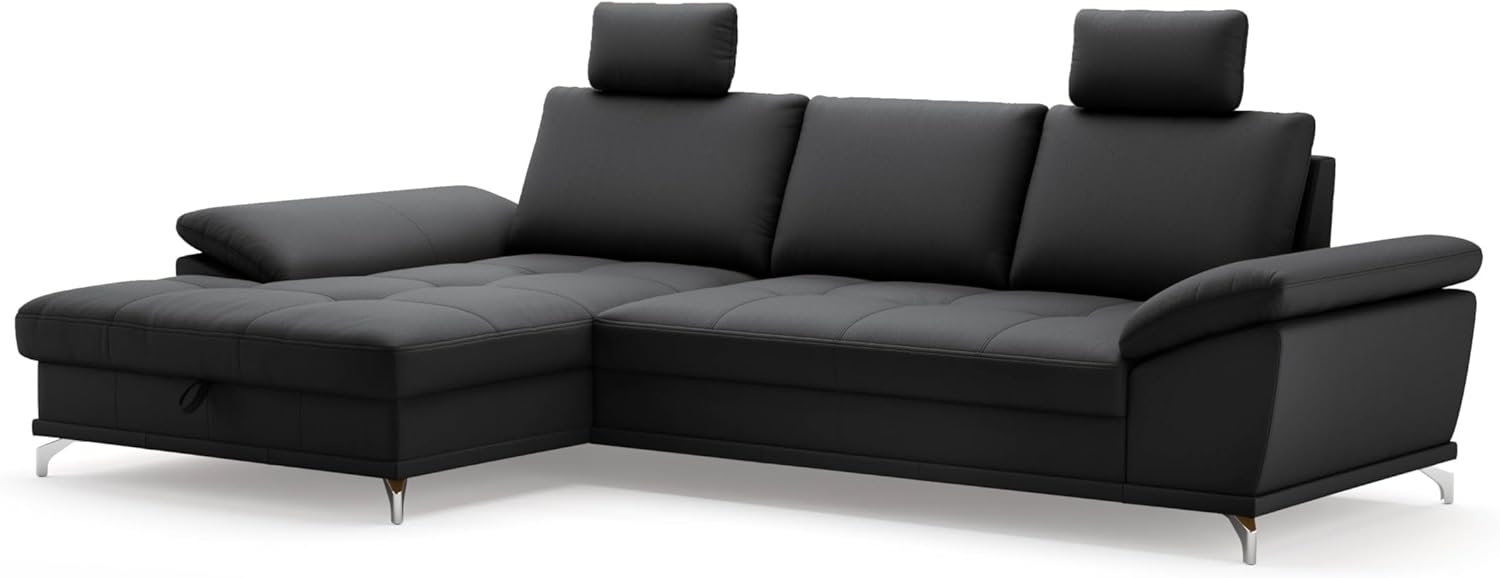 Cavadore Eckcouch Castiel mit Federkern / Ecksofa mit großem Longchair, Sitztiefenverstellung, Kopfstützen und mattschwarzen Metallfüßen / 301x89-114x176 / Echtleder, Schwarz Bild 1