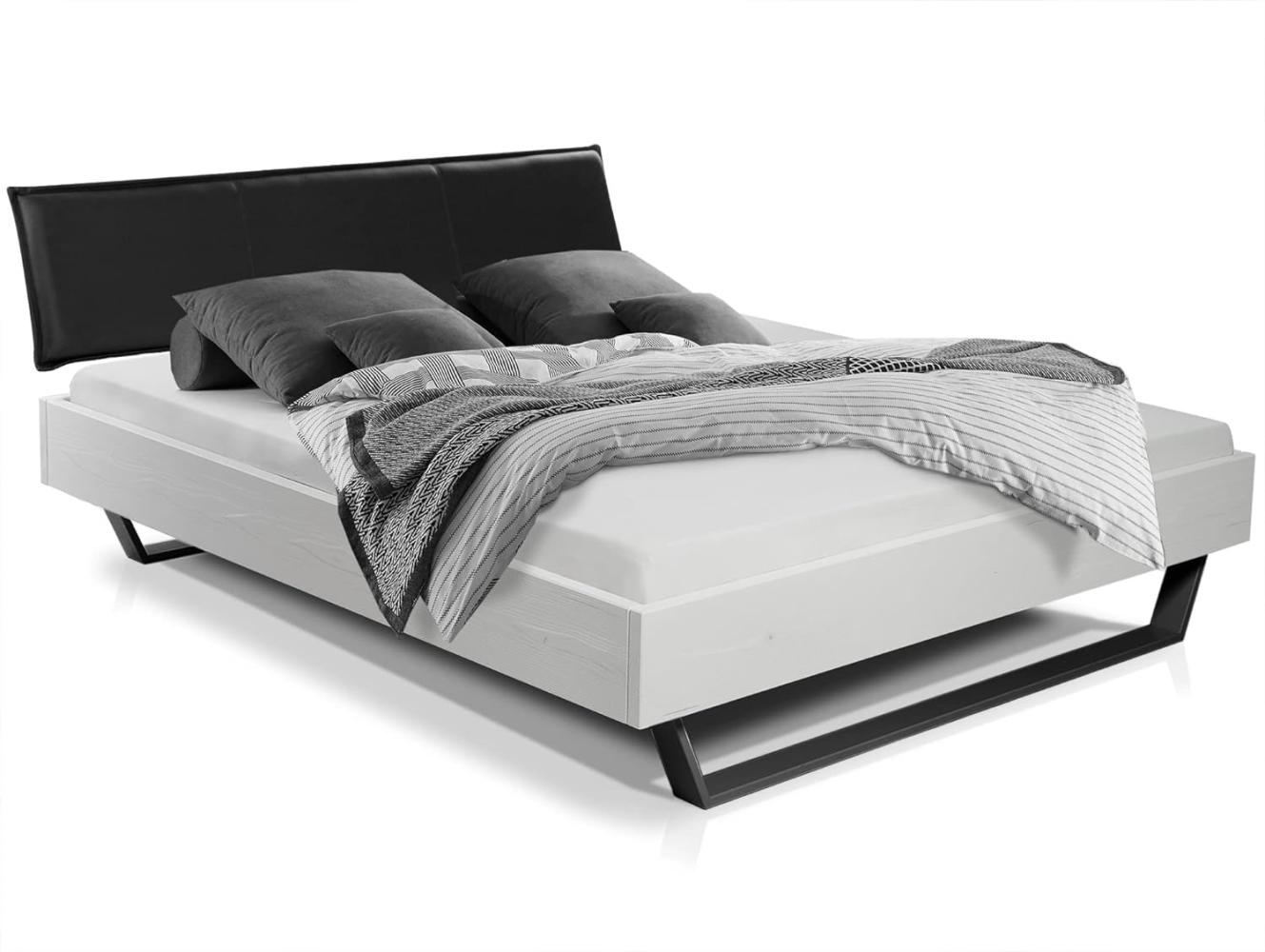 Möbel-Eins LUKY Kufenbett mit Polsterkopfteil, Material Massivholz, Fichte massiv, Kufen schwarz weiss 120 x 220 cm Kunstleder Schwarz Bild 1