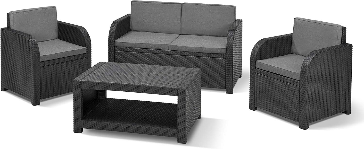 Allibert by Keter Modena Gartenmöbel Set aus Kunststoff, inkl. Sitzkissen, grau, 4-teilig, 2 Sessel, Sofa & Tisch, für Garten, Balkon & Terrasse, Flache Rattanoptik Bild 1