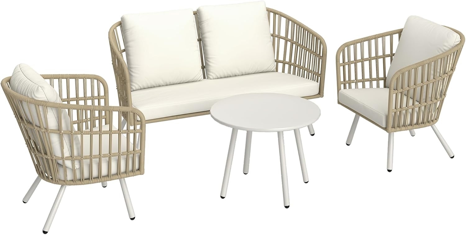 Outsunny Sitzgruppe mit 2er Sofa, Sessel, Tisch, Kissen, für 4 Personen, (wetterfest Lounge-Set, 4-tlg, Gartenmöbel Set aus Polyrattan), für Garten, Balkon, Terrasse, Khaki Bild 1