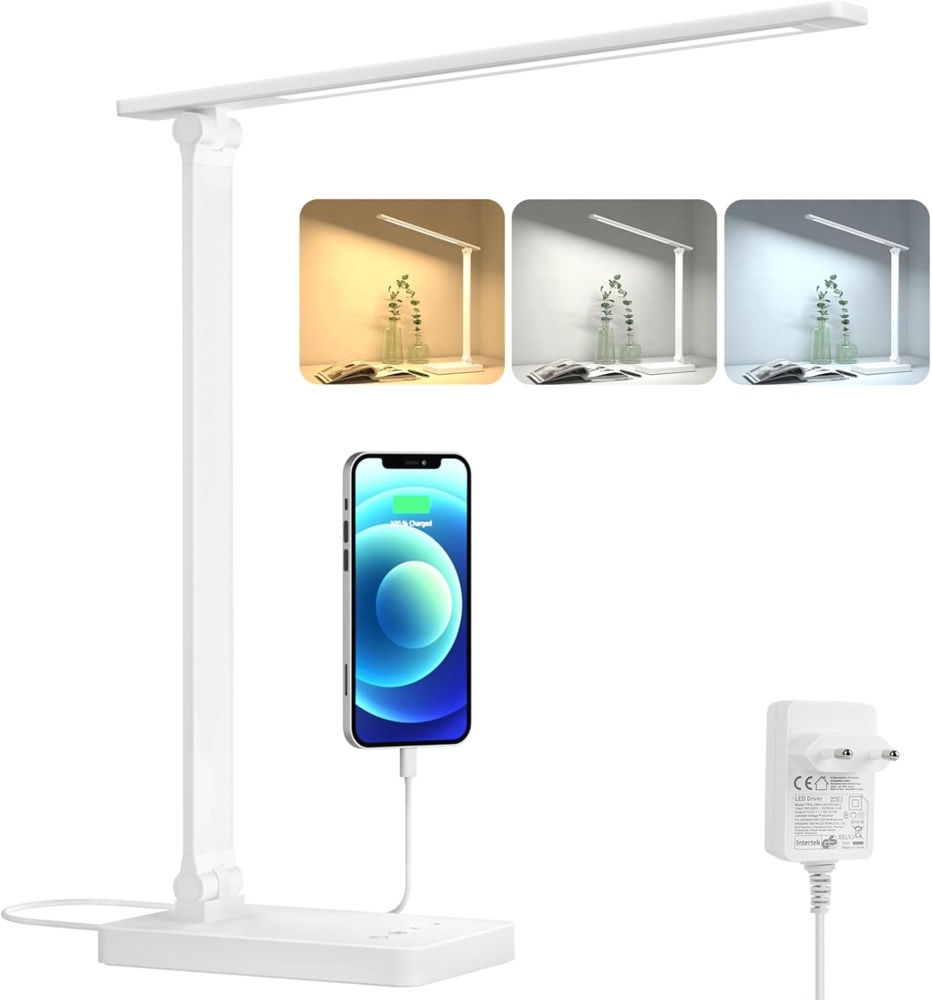 Lepro Schreibtischlampe, LED Tischlampe Dimmbar, Nachttischlampe 800LM 3 Farben und 5 Helligkeitsstufen, Tageslichtlampe Augenschutz, Tischleuchte, Schreibtisch Lampe für Kinder, Büro, Weiß Bild 1
