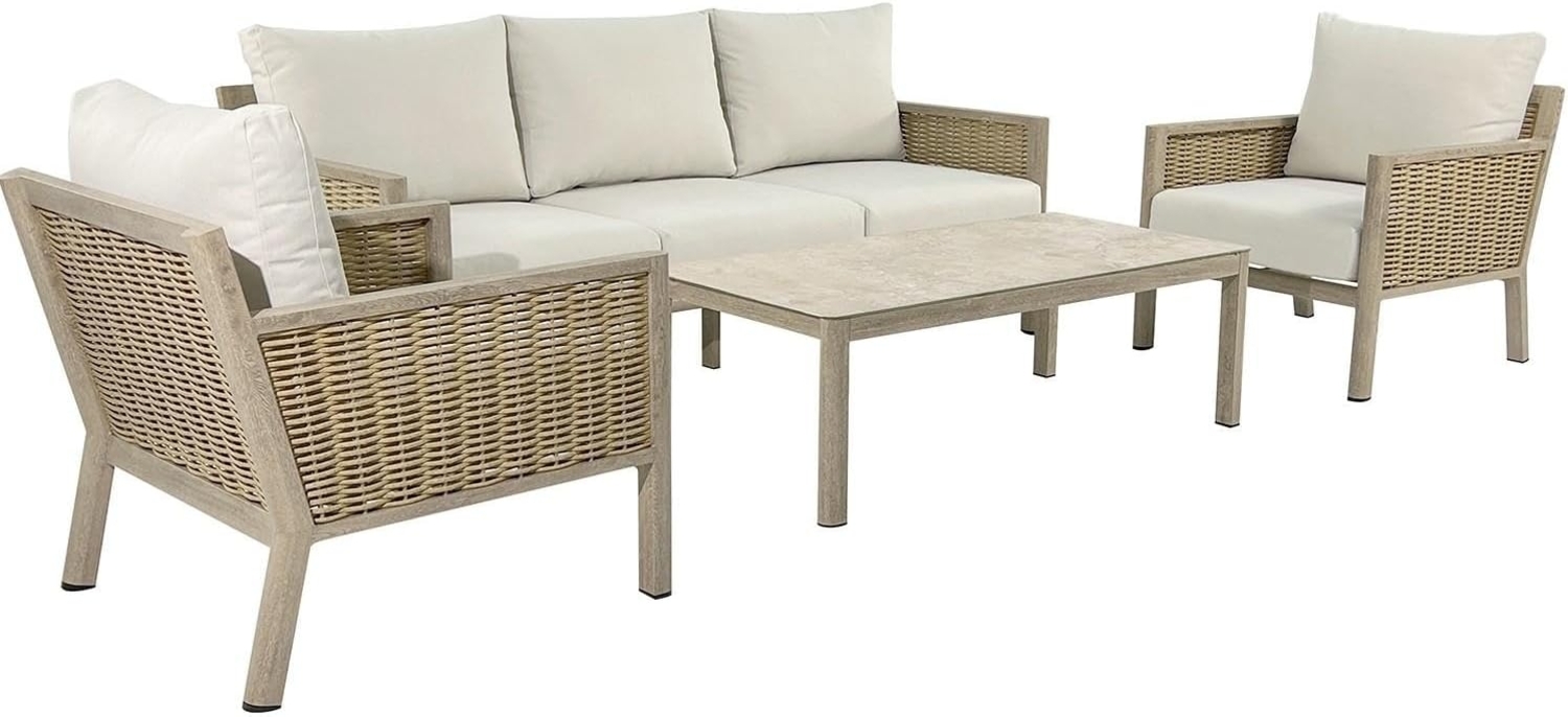 DRW Sofa-Set, Couchtisch und 2 Sessel aus Aluminium und Rattan in Beige und Natur, Sessel 75 x 85 x 75 cm, Sofa: 165 x 85 x 75 cm, Tisch: 90 x 60 x 44 cm Bild 1