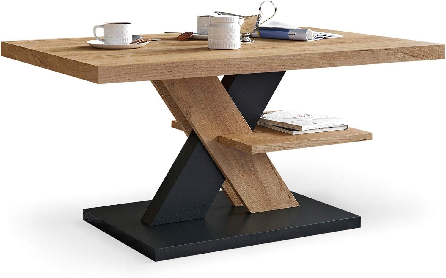 Viosimc Moderner Wohnzimmertisch, Couchtisch Eiche & Schwarz, Wohnzimmer Sofatisch Kaffeetisch, Modern Matt Sofa Tisch mit Großer Ablage, Mittel- oder Beistelltisch für Tee und Kaffee Bild 1