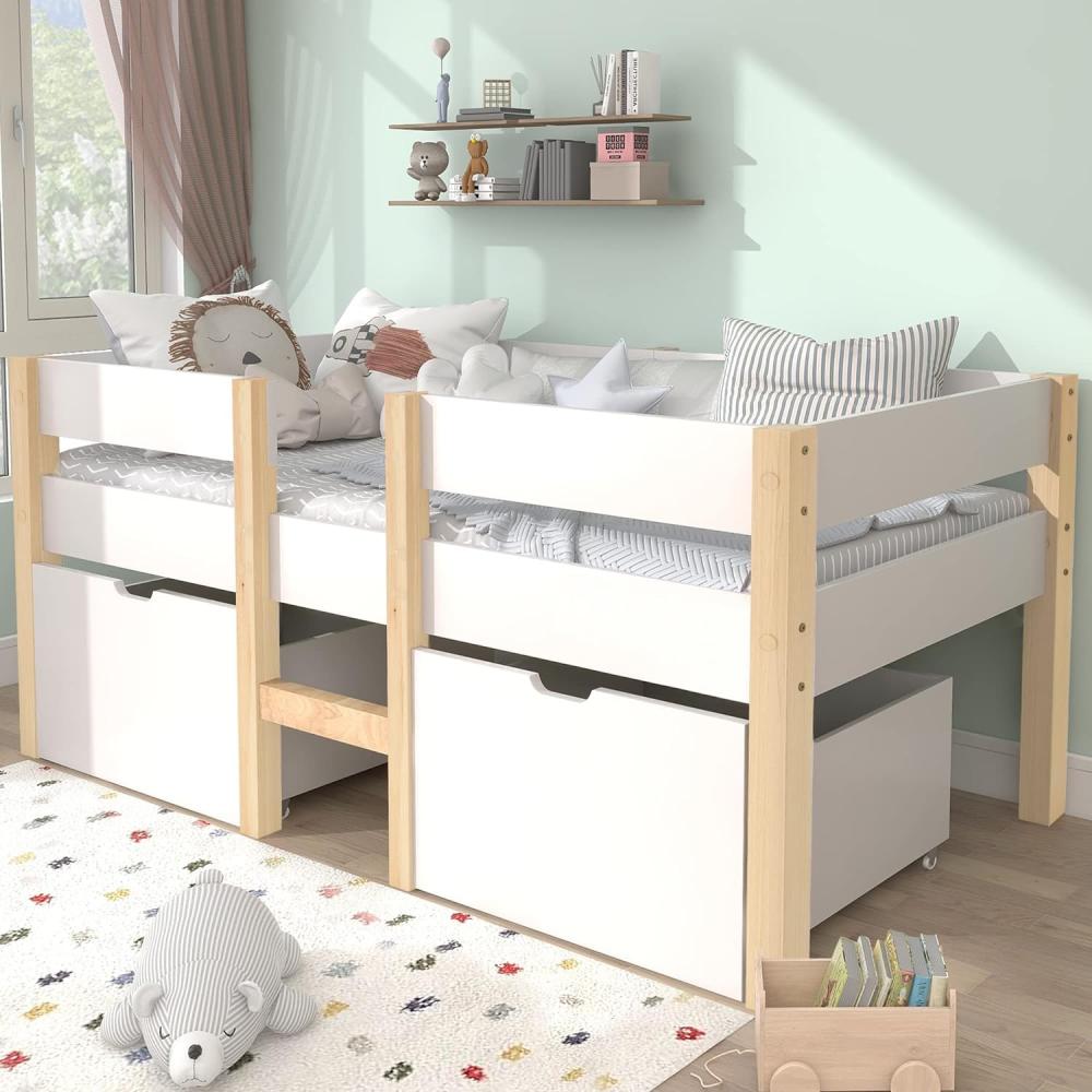 Merax Kinderbett mit Schublade und Rausfallschutz, Babybett für Jungen & Mädchen, Stabil Massivholz & Holz-Platte Beistellbett mit Lattenrost, 90x190 cm, Weiß Bild 1