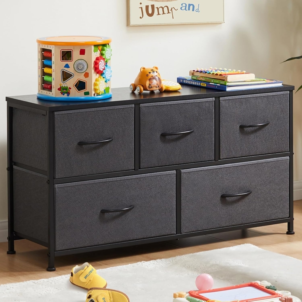 Sweetcrispy Kleine Kommode mit 5 Stoffschubladen für Schlafzimmeraufbewahrung, Kinderzimmerschrank Truhenmöbel, Metallrahmen, Holzplatte, Leichter Eingangsschrank, Grau Bild 1