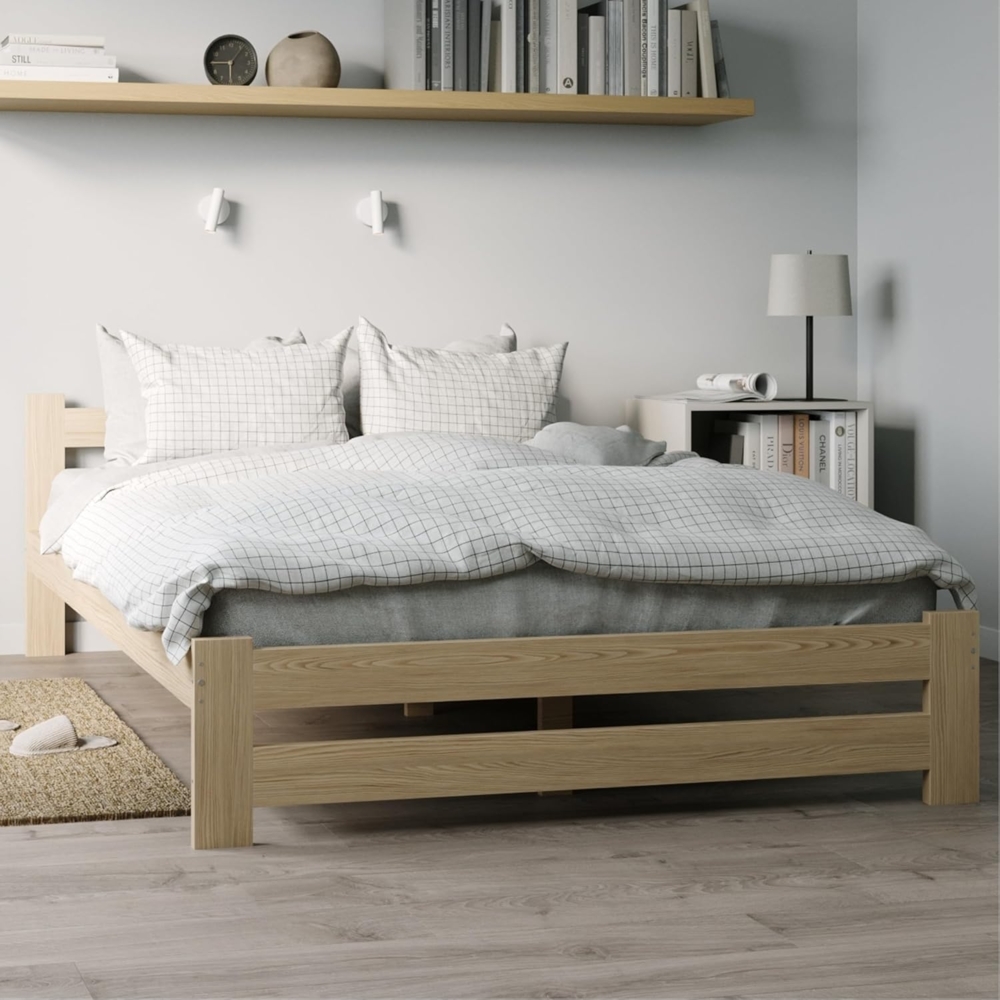 Home Collective Holzbett mit Lattenrost Modern Bett Kiefer Bettgestell Massivholzbett Klassisch (90x200, 120x200, 140x200, 160x200 cm), Doppelbett, Skandi Boho Landhaus Kopfteil mittel 120x200 cm natur Bild 1