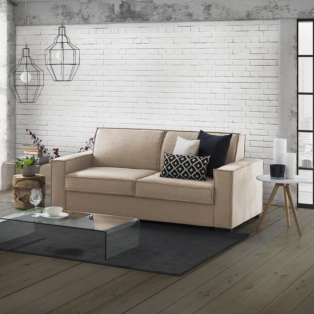 Talamo Italia Schlafsofa Beatrice 2 Sitzer, Wohnzimmersofa, Made in Italy, Drehbare Öffnung mit Matratze und Netz inklusive, aus gepolstertem Stoff, mit schmalen Armlehnen, Cm: 160x95h90, Farbe Beige Bild 1