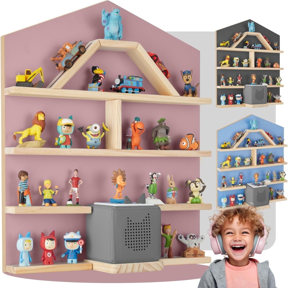 tectake® Holz Regal mit Magnetstreifen für Wand Montage, Wandregal für's Kinderzimmer, Aufbewahrung Musikbox, für Tonies Tonie Hörfiguren und Toniebox - pink Bild 1