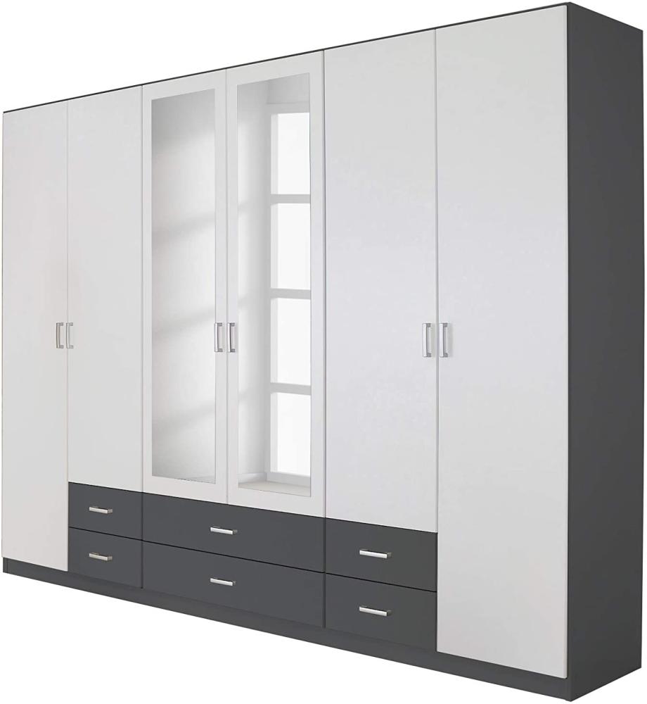 rauch Kleiderschrank, Drehtürenschrank GAMMA, 6-türig, 2 Spiegeltüren teilaufgelegt, 6 Schubkästen, Alpinweiß/Grau metallic, 271x210x54cm Bild 1