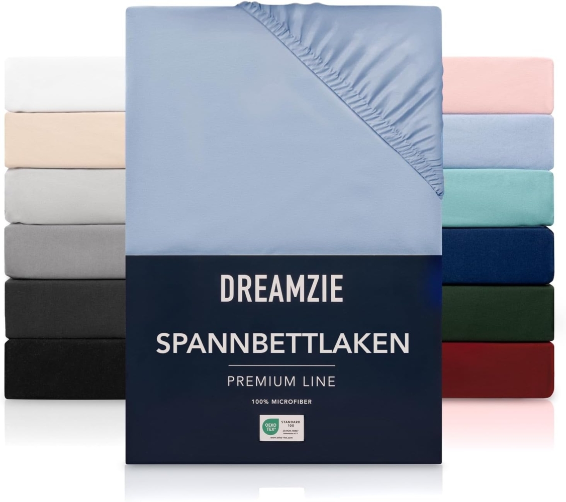 Dreamzie Spannbetttlaken 160x200 cm - Hoher Steg bis 33 cm - 100% Mikrofaser - Blau - Schadstoffgeprüft (Oeko TEX), Bettlaken mit Gummizug Bild 1