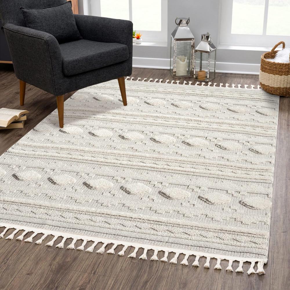 carpet city Teppich Boho Wohnzimmer - Creme - 120x170 cm - Geo-Muster - Relief-Optik, 3D-Effekt - Cut-&Loop, Sisal - Moderne Fransen-Teppiche Schlafzimmer Bild 1