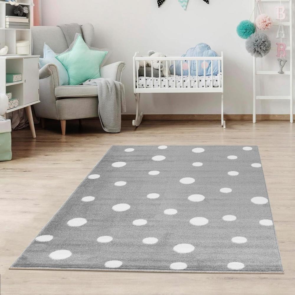 Jimri Kinderteppich DOTS l Pünktchen Gepunktet l Öko-Tex Siegel | Farbe: Beige Blau Rosa | Kinderzimmer/Jugendzimmer (Grau, 160x230 cm) Bild 1