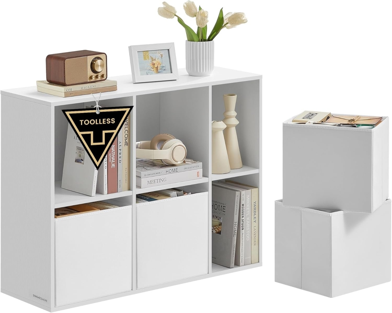 Bücherregal, superschnelle werkzeuglose Montage, Regal, 4 Stoffboxen Bild 1