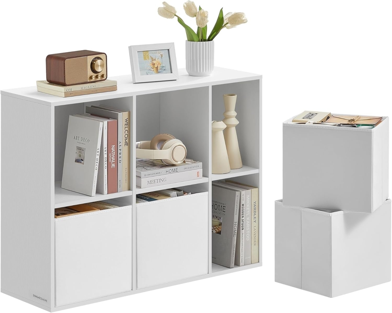 Bücherregal, superschnelle werkzeuglose Montage, Regal, 4 Stoffboxen Bild 1