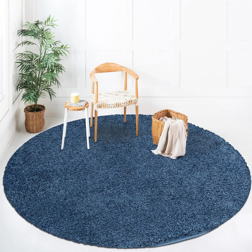 Teppich Rund Hochflor Shaggy - 120x120cm - Blau Einfarbig Uni Flauschig Modern Boho Wohnzimmer Schlafzimmer Deko Teppiche Weich Schlafzimmer Bild 1